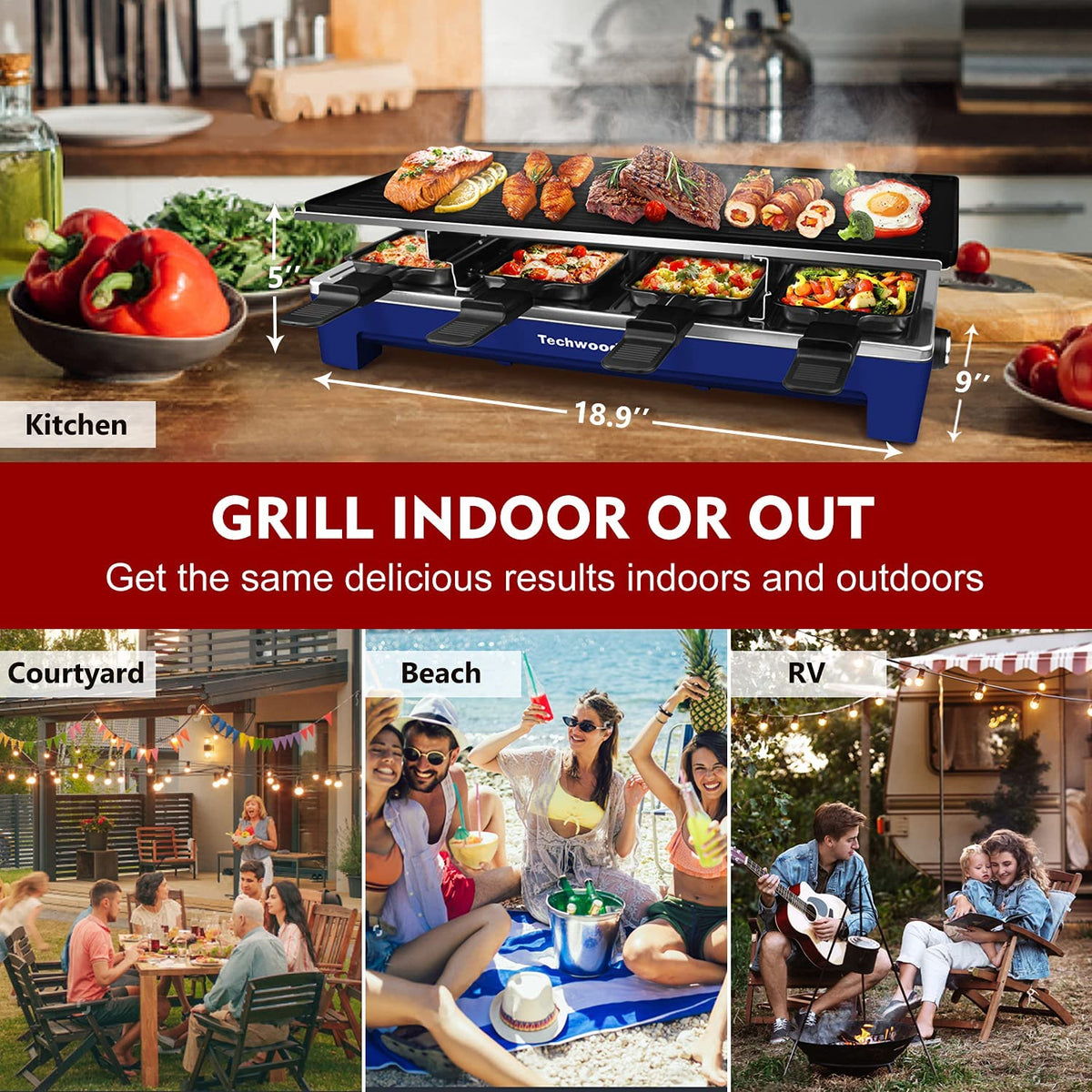 Techwood 1500W Raclette Electric Indoor Grill, 8-Serving 20*7.1*11, Blue