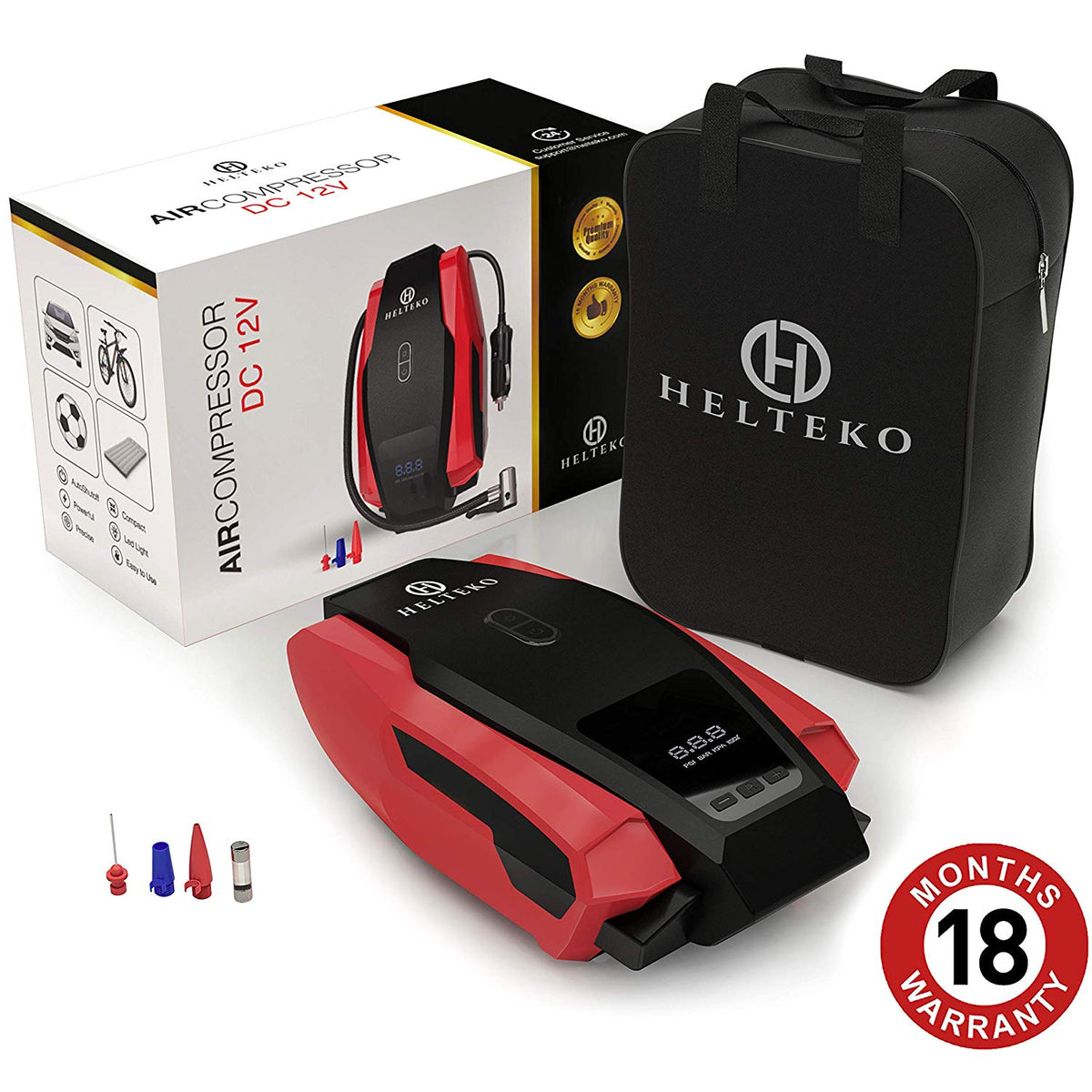 Helteko Portable Air Compressor Pump 150PSI 12V - Digital Tire Inflator - Red