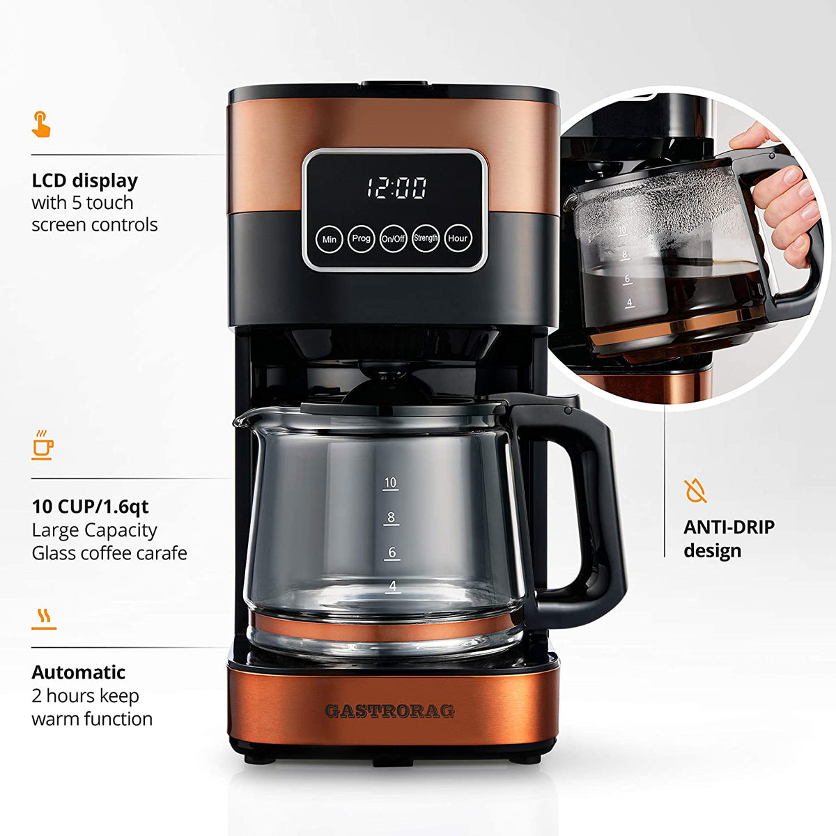 Gastrorag 10-Cup Drip Coffee Maker - Programmable Machine with Copper