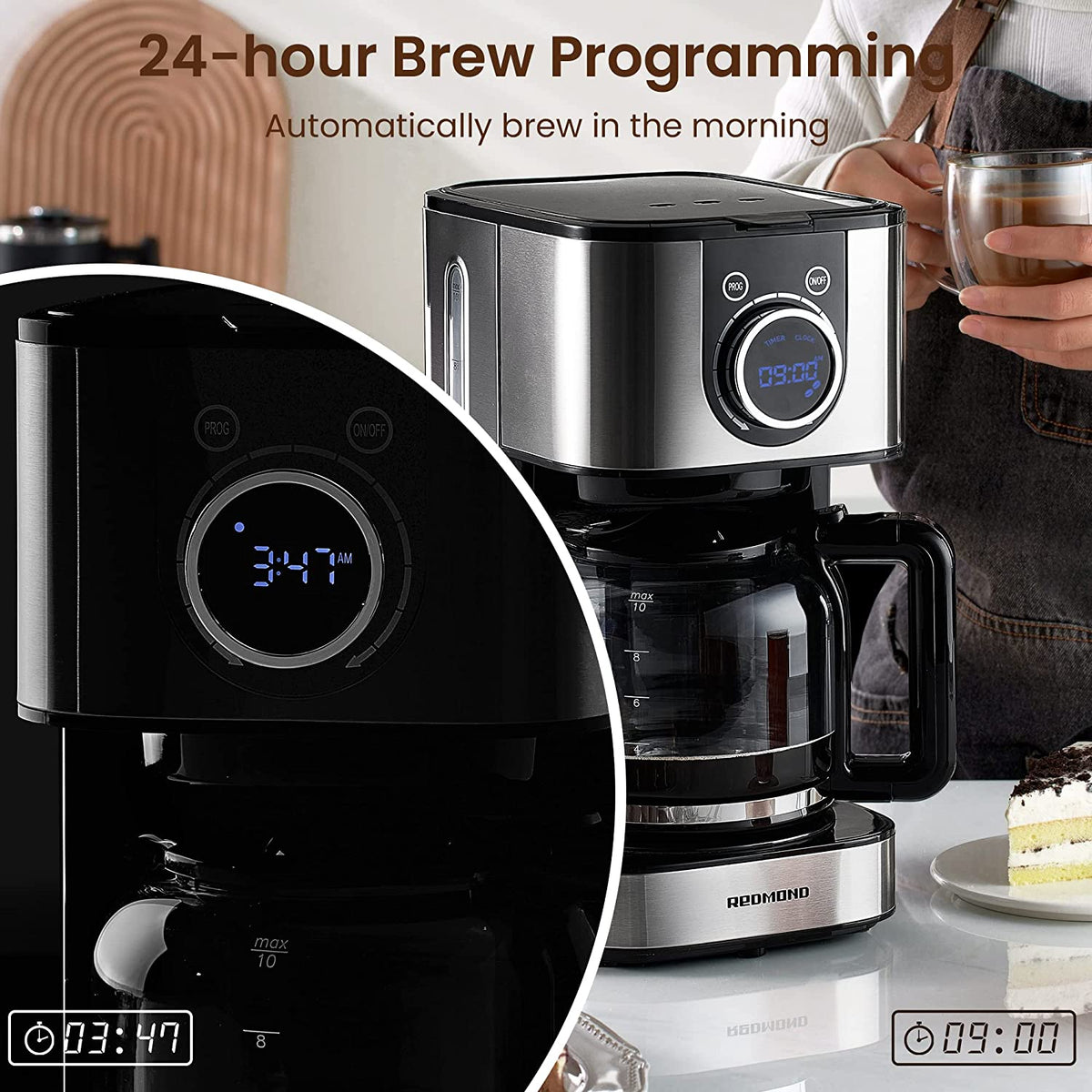 REDMOND Programmable Coffee Maker, 10 Cup Drip Machine Stainless...