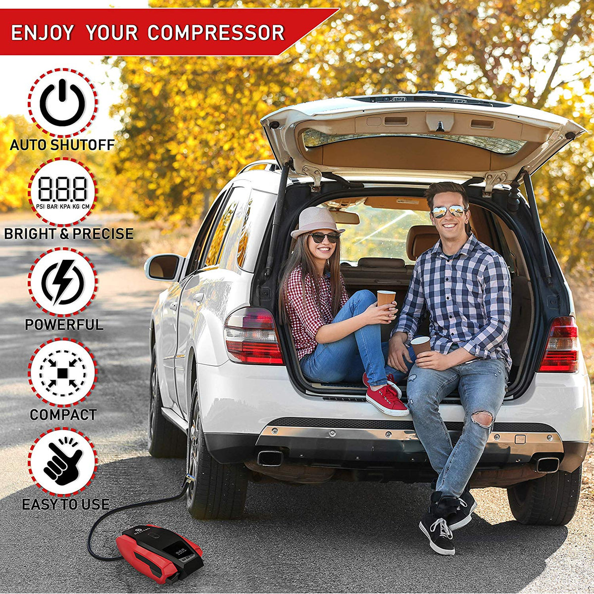 Helteko Portable Air Compressor Pump 150PSI 12V - Digital Tire Inflator - Red